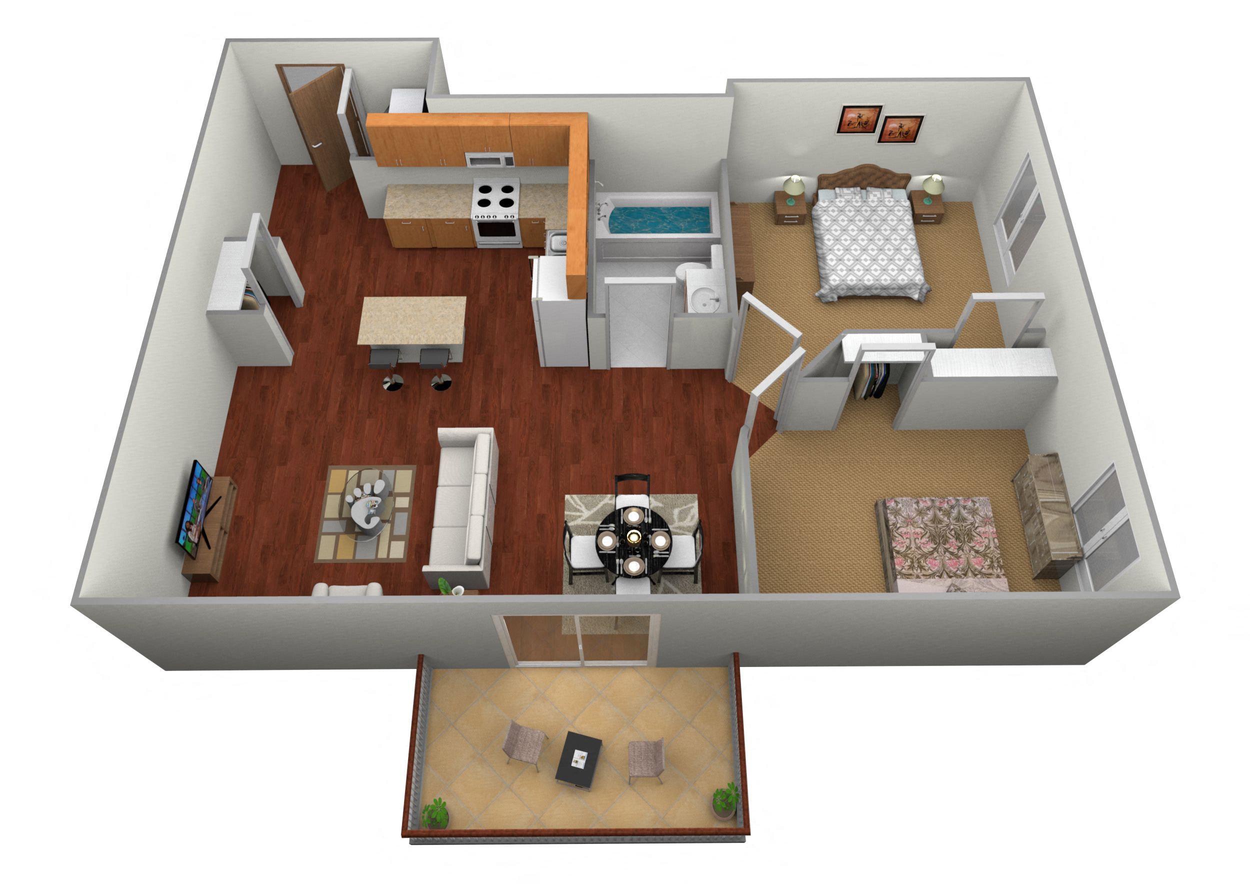 Floor plan for 2 beds, 1 bath, 848 sqft
